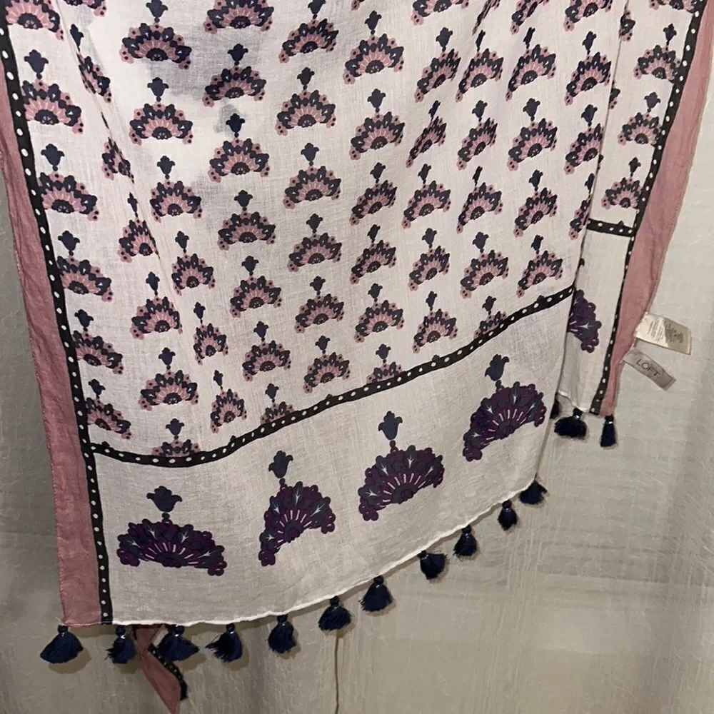 LOFT White Blush Pink Indigo Purple Silver Metallic Floral Tasseled Scarf Wrap